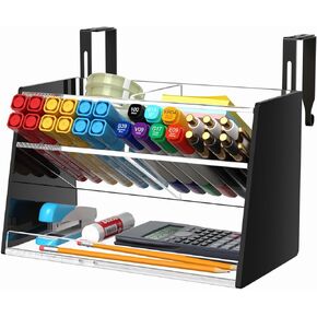 NIUBEE Acrylic Pen Holder Hanging: Wall Pencil Holder for Desk - Desk Organizer For Office - Adjustable Desk Organizers and Accessories with 5 Compartments No Drilling