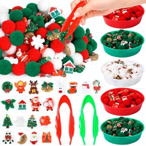 157 Pcs Fine Motor Toys Counting Sorting Christmas Decorations Sensory Bin Filler 100 Pcs Christmas Pompoms 50 Pcs Christmas Resin 5 Cups 2 Tweezers for Winter Christmas Sorting Counting Training