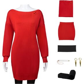 COLSA Women Cosplay Costume Anime Red Sweater Uniform Halloween Outfits Full Set With Earring