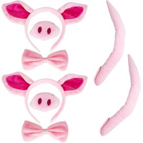 Pig Costume Set - 8 Pieces Animal Accessories for Kids Girls - Pink Pig Ears Headband, Tail, Nose, Bow Tie for Halloween Cosplay Dress Up
