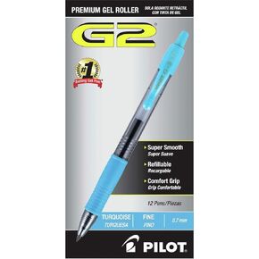 Pilot G2-7 Retractable Gel Roller Pen, Fine Pen Point Type - 0.7 mm Pen Point Size - Turquoise Ink - Translucent Barrel - Pack of 12
