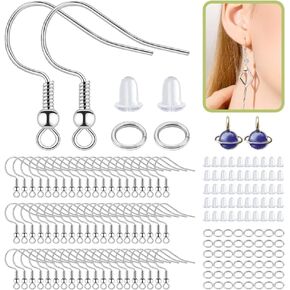100pcs sterling sterling الفضة السنانير السنانير hypoallergenic ، السمك السرب أقراط لصناعة المجوهرات DIY مع حلقات القفز وظهر القرط المطاطي الصافية (الفضة) in Kuwait