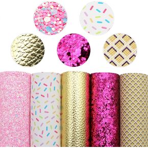 David accessories Donuts Pattern Faux Leather Sheet 5pcs/Set 7.7" x 12.9"(20cm x 33cm) Glitter Mixed Synthetic Leather Sheets Bundles for Leather Earrings Bows Making (B)