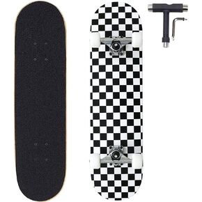 ANNEE 31x8 Inch Pro Skateboard Complete,7 Layer Canadian Maple Wood Double Kick Concave Skate Boards, Tricks Skateboards for Youths,Beginners,Girls,Boys,Kids,Teens,Adults (Black, White)