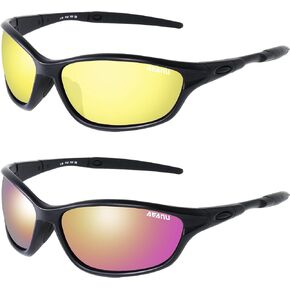 Sport Glasses for Men Women - UV400 Protection Glasses - Driving Cycling Running Glasses - Yellow Lens/Smoke + Black Red Mirror - pack of 2