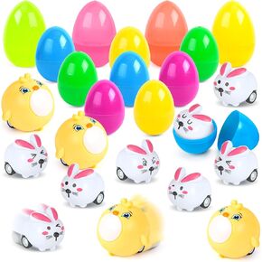 LovesTown 12PCS Toys Filled Eggs, Prefilled Easter Eggs with Pull Back Cars, Rabbit & Chicken, Easter Basket Fillers, Kids Party Favors