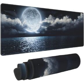 Large Desk Mat, Moon Illuminating The Clear Blue Ocean Design Desk Pad Mouse Pad Gaming Mousepad Extended XXL Keyboard Pad 31.5 x 11.8 in Laptop Computer Mouse Keyboard Mat for Office Desk Decor