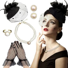 Black Tea Party Hat Gloves Women Fascinators Hats Gloves Pearl Necklace Earrings Choker for Wedding Baby Bridal Shower Birthday