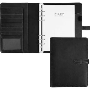 Leather A5 Notebook Binder - PU Leather A5 Binder 6 Ring Binder Refillable Notebook with Card Slots-Black