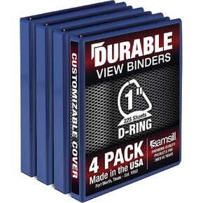 Samsill Durable 1 Inch Binder, Made in the USA, D Ring Binder, Customizable Clear View Cover, Blue, 4 Pack, Each holds 225 Pages