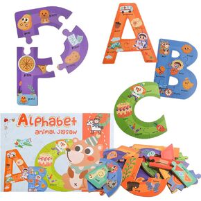 Wooden Jumbo Alphabet ABC Letter Toddler Puzzles Color Shape Animals Recognition Montessori STEM Jigsaw Preschool Learning Educational Toy for Kids 3 4 5 Years Old Boys Girls