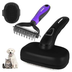 Dog Brush Kit – 3 PCS Grooming Set with Self-Cleaning Brush, Undercoat Rake & Pet Bath Brush. Great for Shedding, Tangles & Dirt Removal – Ideal for Long & Short Haired Dogs & Cats, Purple