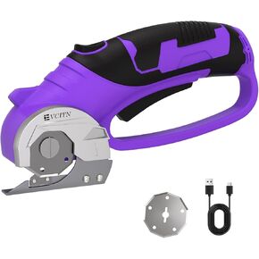 Cordless Electric Scissors, Cardboard Cutter with Replacement Self-Sharpening Cutter Blade and Safety Lock, Rotary Cutter with LED Light for Fabric, Carpet, Leather or Plastic, Purple