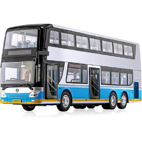 1/42 Diecast Bus Toys Cars, Metal Double Decker City Bus Vehicles with Light Up and Open-able Doors, Realistic Alloy Car Model for Kids Boys Girls, 11.5" (Blue)