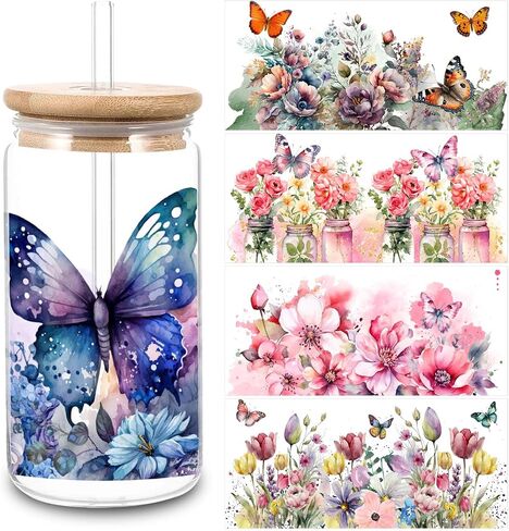 5 Sheets Flower UV DTF Cup Stickers, Glass DTF Transfer Stickers, Waterproof Wipe Transfer Paper, Suitable for 16 oz Glass, Cups, Crafts, Furniture (Style6-5 Sheet) in Saudi Arabia