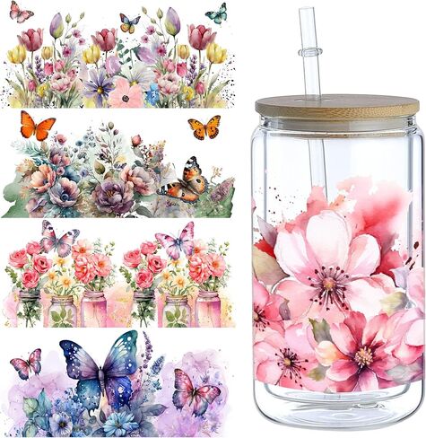 5 Sheets Flower UV DTF Cup Stickers, Glass DTF Transfer Stickers, Waterproof Wipe Transfer Paper, Suitable for 16 oz Glass, Cups, Crafts, Furniture (Style6-5 Sheet) in Saudi Arabia