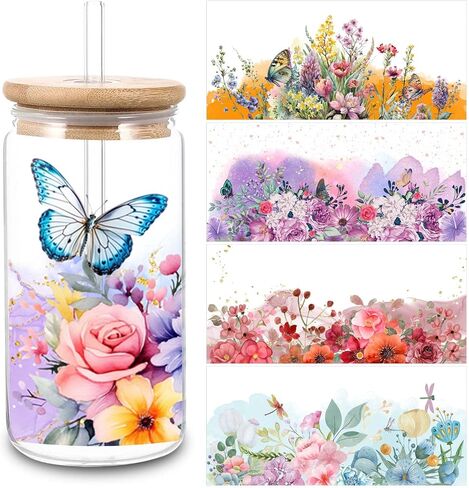 5 Sheets Flower UV DTF Cup Stickers, Glass DTF Transfer Stickers, Waterproof Wipe Transfer Paper, Suitable for 16 oz Glass, Cups, Crafts, Furniture (Style6-5 Sheet) in Saudi Arabia