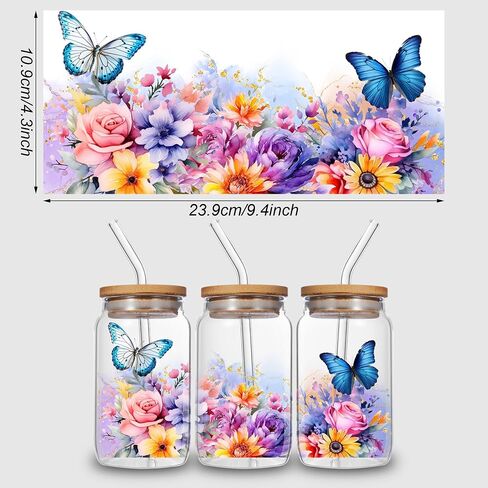 5 Sheets Flower UV DTF Cup Stickers, Glass DTF Transfer Stickers, Waterproof Wipe Transfer Paper, Suitable for 16 oz Glass, Cups, Crafts, Furniture (Style6-5 Sheet) in Saudi Arabia