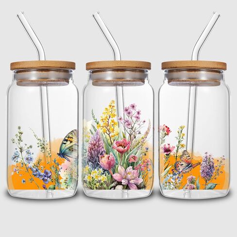 5 Sheets Flower UV DTF Cup Stickers, Glass DTF Transfer Stickers, Waterproof Wipe Transfer Paper, Suitable for 16 oz Glass, Cups, Crafts, Furniture (Style6-5 Sheet) in Saudi Arabia