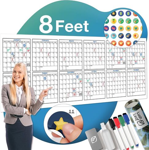 Dry Erase Calendar for Wall, 36"x96" - Undated, Reusable, Yearly - Large Whiteboard For School, Classroom & Office, Includes Markers, Eraser & Accessories in Saudi Arabia