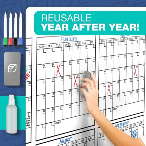 Dry Erase Calendar for Wall, 36"x96" - Undated, Reusable, Yearly - Large Whiteboard For School, Classroom & Office, Includes Markers, Eraser & Accessories in Saudi Arabia