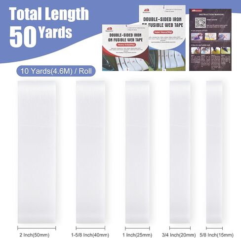 5 Rolls Iron-On Hemming Tape, Extra Strong Adhesive 90GSM, 5 Widths, 5 Yards/Roll, No-Sew Fabric Tape for Pants, Dresses, Curtains, Hem Tape for Clothes in Kuwait