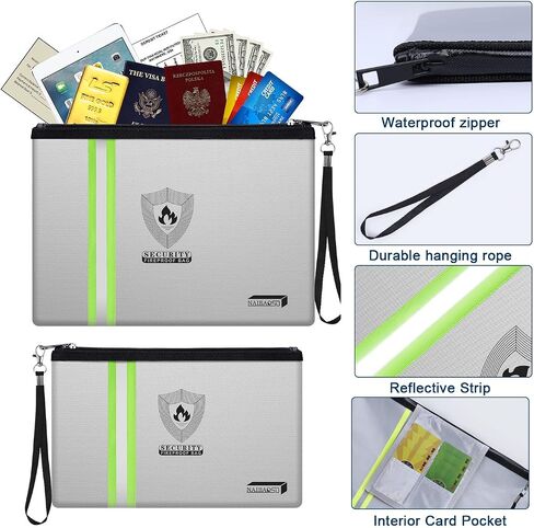 Fireproof Document Bag (13.3"x 9.4") with Reflective Strip, NAIBAOSD Fireproof Money Bag(10.8"x 6.8") with Metal Zipper & Strap Fireproof Bag for Documents, Cash,Passport, Valuables in Saudi Arabia