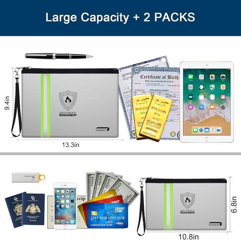 Fireproof Document Bag (13.3"x 9.4") with Reflective Strip, NAIBAOSD Fireproof Money Bag(10.8"x 6.8") with Metal Zipper & Strap Fireproof Bag for Documents, Cash,Passport, Valuables in Saudi Arabia