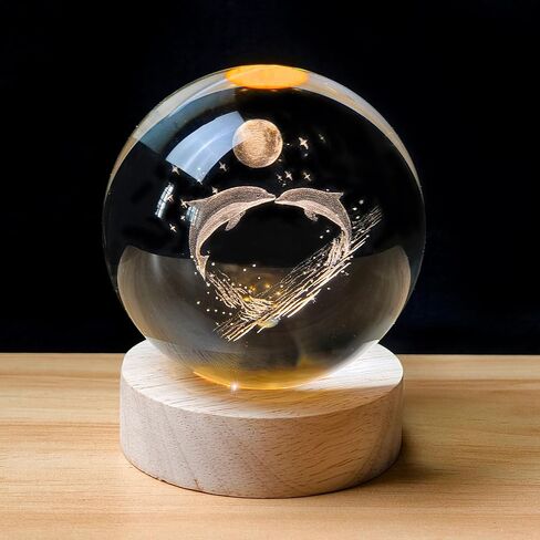 3D Crystal Ball Light ، 80 مم حيوانات زجاجية زجاجية زجاجية مع قاعدة خشبية ، هدايا الزخارف للرجال ، النساء ، الأطفال ، الأولاد ، الفتيات ، المراهقين (الدلفين) in Kuwait