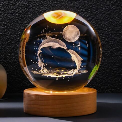 3D Crystal Ball Light ، 80 مم حيوانات زجاجية زجاجية زجاجية مع قاعدة خشبية ، هدايا الزخارف للرجال ، النساء ، الأطفال ، الأولاد ، الفتيات ، المراهقين (الدلفين) in Kuwait
