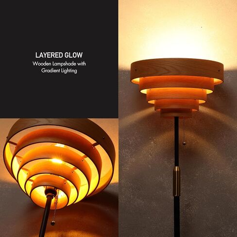 O'Bright Cascade Floor Lamp – Modern Wooden Layered Lampshade, E26 Socket, Pull Chain Switch, Metal Base, Standing Lamp for Living Room, Bedroom, Office, Antique Brass in Saudi Arabia