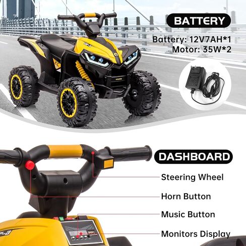 Kids Ride On ATV, 12V 4 Wheeler Battery Powered Ride On Toys with Remote Control(High Low Speeds), Kids Electric Car Truck 4-Wheels Electric Vehicle with Music, Horn, Led Lights for 3+ Kids, Yellow in Kuwait