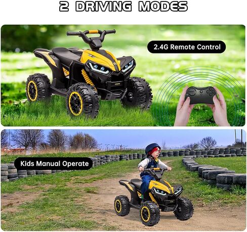 Kids Ride On ATV, 12V 4 Wheeler Battery Powered Ride On Toys with Remote Control(High Low Speeds), Kids Electric Car Truck 4-Wheels Electric Vehicle with Music, Horn, Led Lights for 3+ Kids, Yellow in Kuwait