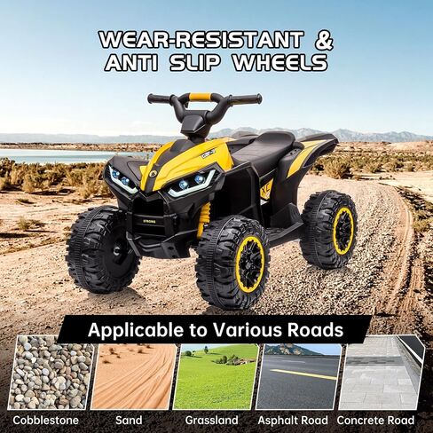 Kids Ride On ATV, 12V 4 Wheeler Battery Powered Ride On Toys with Remote Control(High Low Speeds), Kids Electric Car Truck 4-Wheels Electric Vehicle with Music, Horn, Led Lights for 3+ Kids, Yellow in Kuwait