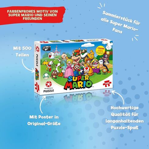 Winning Moves Super Mario and Friends 500 Piece Jigsaw Puzzle Game, Piece Together Mario, Luigi, Yoshi, Bowser and Toad, Gift and Toy for Ages 10 Plus in Saudi Arabia