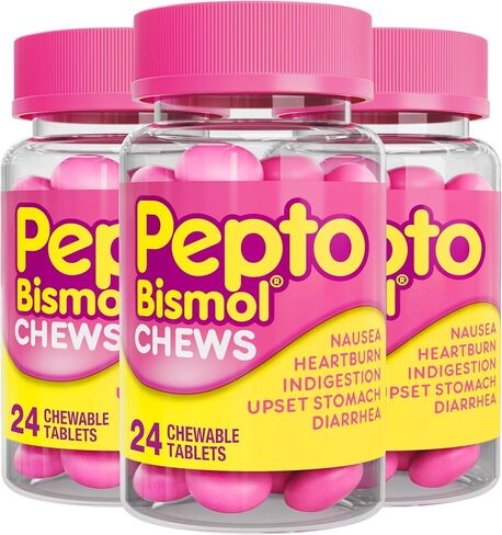 Pepto Bismol Chews, Fast and Effective Digestive Relief from Nausea, Heartburn, Indigestion, Upset Stomach, Diarrhea, 72 Total (3 Packs of 24) in Saudi Arabia