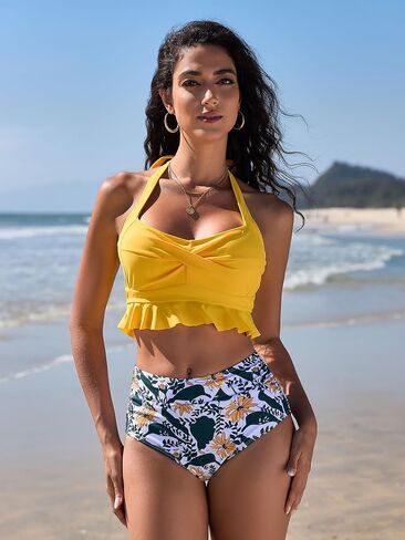 ZAFUL Women's Two Piece Swimsuit Push Up Front Cross High Waisted Bathing Suit Tummy Control Ruched Ruffle Bikini Sets Green in Saudi Arabia