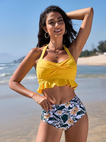 ZAFUL Women's Two Piece Swimsuit Push Up Front Cross High Waisted Bathing Suit Tummy Control Ruched Ruffle Bikini Sets Green in Saudi Arabia