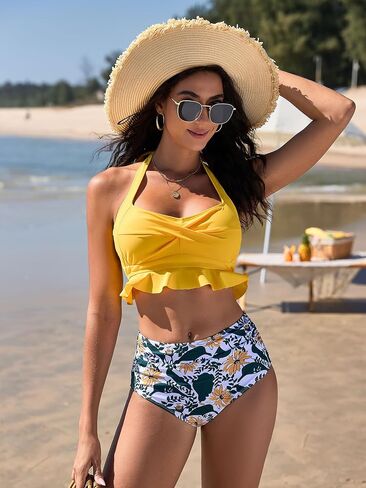 ZAFUL Women's Two Piece Swimsuit Push Up Front Cross High Waisted Bathing Suit Tummy Control Ruched Ruffle Bikini Sets Green in Saudi Arabia