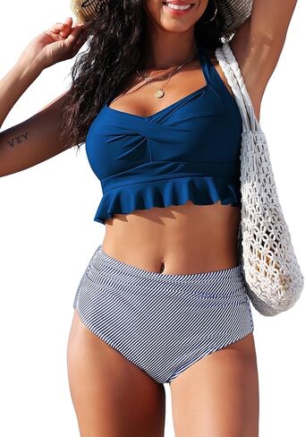 ZAFUL Women's Two Piece Swimsuit Push Up Front Cross High Waisted Bathing Suit Tummy Control Ruched Ruffle Bikini Sets Green in Saudi Arabia