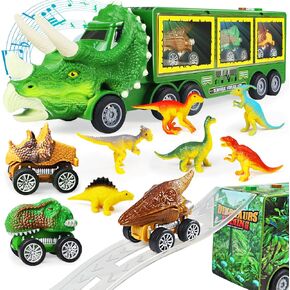 Dinosaur Toys for Kids 3-5-7, 11 in 1 Dinosaur Truck with Light, Music & Roar Sound, Dino Toddler Toys Including Toy Truck, Dinosaur Cars, Mini Dinosaur Figures & Slide, Toys for 3 4 5 6 Year Old Boys