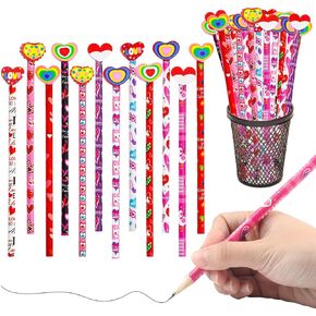 36pcs Valentine Pencils Assortment with Giant Eraser Topper Decorated with Love Hearts for Valentine's Day accessories Party Bag Goodie Bag Filler Favor Supplies