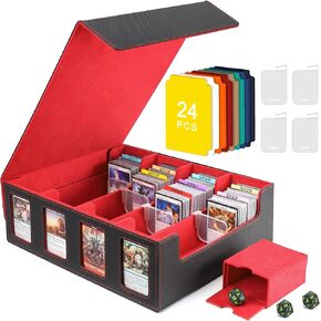 Card Deck Storage Box for Trading Cards 3000+MTG Deck Box with 24 Colorful Divider Tabs 4 Divider and Dice Box, Card Supporters PU Leather Trading Card Storage with 4 Viewing Windows (RED&BLACK)