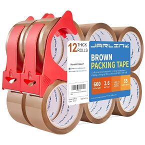 JARLINK 3 Rolls Brown Packing Tape with Dispenser, Heavy Duty Packaging Tape Refills for Shipping Packaging Mailing, 2.6mil Thick, 1.88 inches Wide, 55 Yards Per Roll, 165 Total Yards