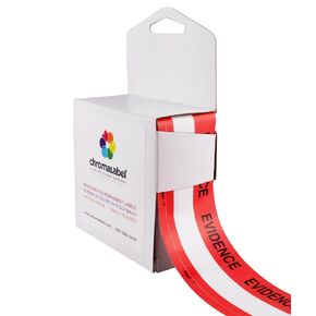 ChromaLabel 1.37 Inch Imprinted Evidence Tape Stickers, Tamper Evident Tape Crime Scene Decorations - 480 Inch Roll (13.33 Yards) with Dispenser Box, Red and White