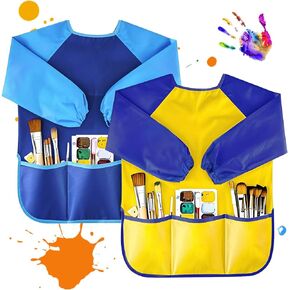 Kids Art Smocks 2 Pack, Toddler Smock Waterproof Artist Painting Aprons Long with Long Sleeve & 3 Pockets for Age 3-8