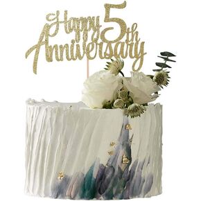 5th Anniversary Party Decoration Gold Glitter 5th happy Anniversary Cake Topper - Forever 5 Party Favors 5th Anniversary Party