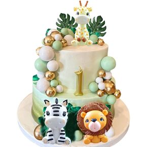 Animal Cake Toppers, Qoadwem 30pcs Safari Jungle Animal Cake Toppers With Lion Giraffe Elephant Cake Toppers Jungle Leaves and Balloons For Safari Cake Topper Baby Shower Party Supplies