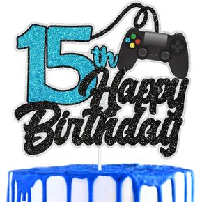 Video Game Cake Topper 15th Birthday Happy Game Controller Unlock Level Up Decoration, Teen Boy or Girl Themed Birthday Party, Video Game Themed Party, or Game Night Party Decoration. SugarGera