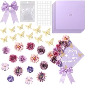 MOTIMIND 41 PCS DIY GRADT CAD CAP DRIDATION KIT 12 ورقة بناء كريمة مع رؤوس زهرة اصطناعية ثلاثية الفراشة ثلاثية اللؤلؤ نقاط لاصق ساتان القوس ل DIY غادر غطاء Topper (أبيض)